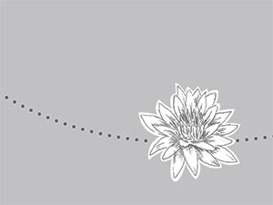 black and white lotus blossom with a chain of dots running behind it